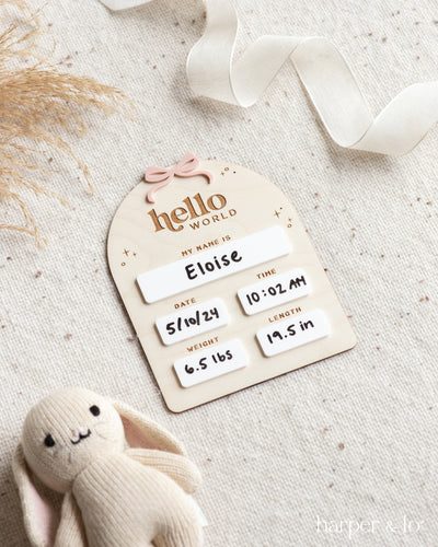 Hello World | Baby Craft Sign | Birth Announcement | Ribbon