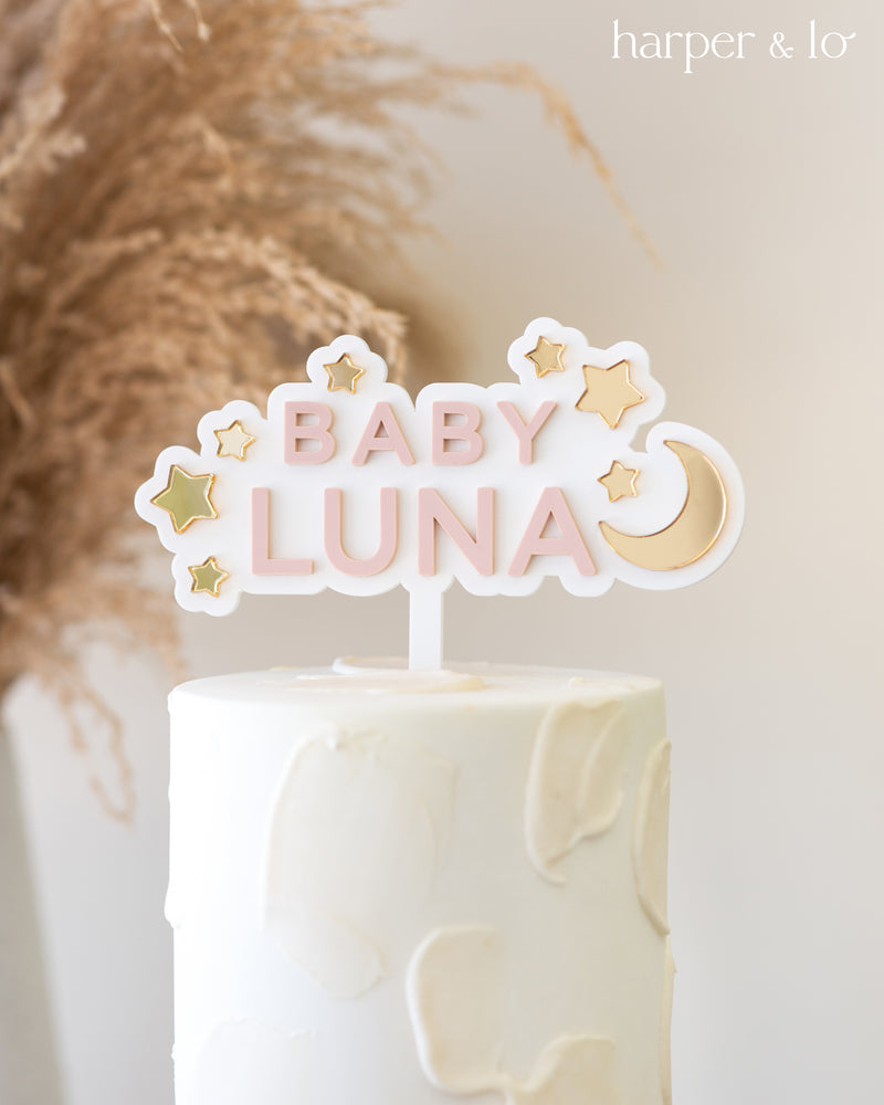 Cake Topper | Custom Baby Name | Acrylic Moon & Stars