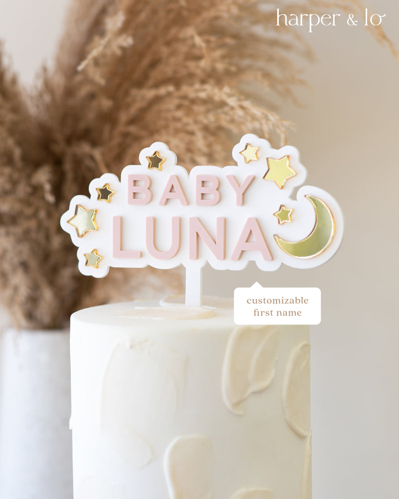 Cake Topper | Custom Baby Name | Acrylic Moon & Stars