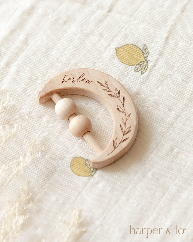 Personalized Wooden Rattle Toy | Moon